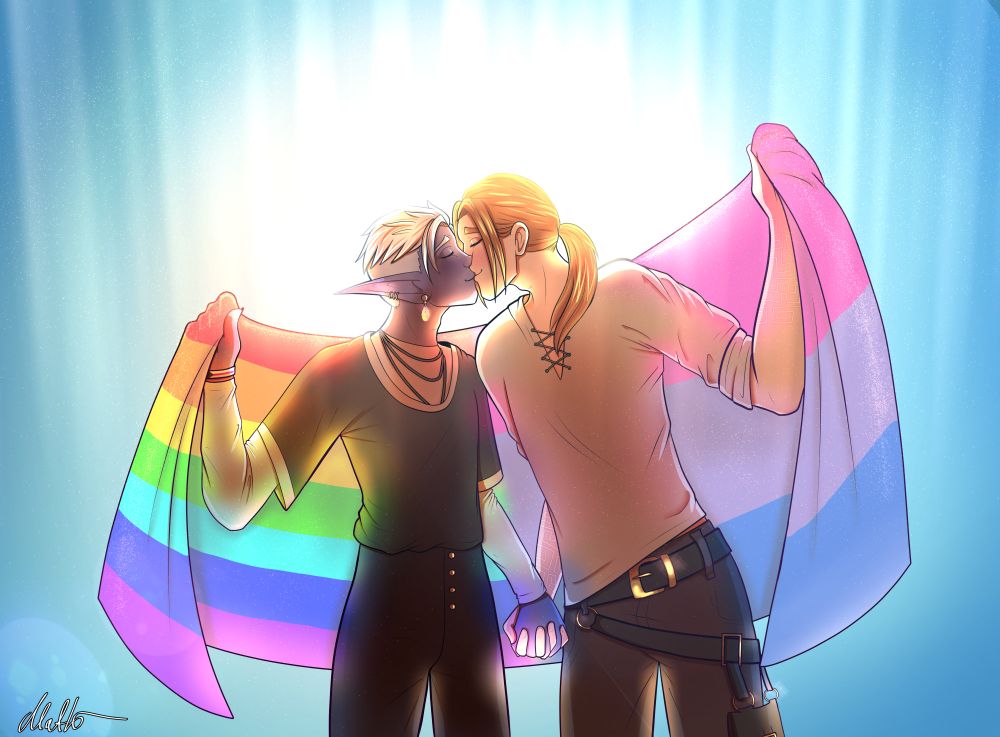 A digital illustration of Essek and Caleb from Critical Role. This was originally made for Pride Month 2021. Essek and Caleb can be seen standing side by side, holding hands and kissing each other. They are also holding a huge pride flag that transitions from the Rainbow gay pride flag into the bisexual pride flag. 
It's giving happy end vibes. Roll the credits, boys