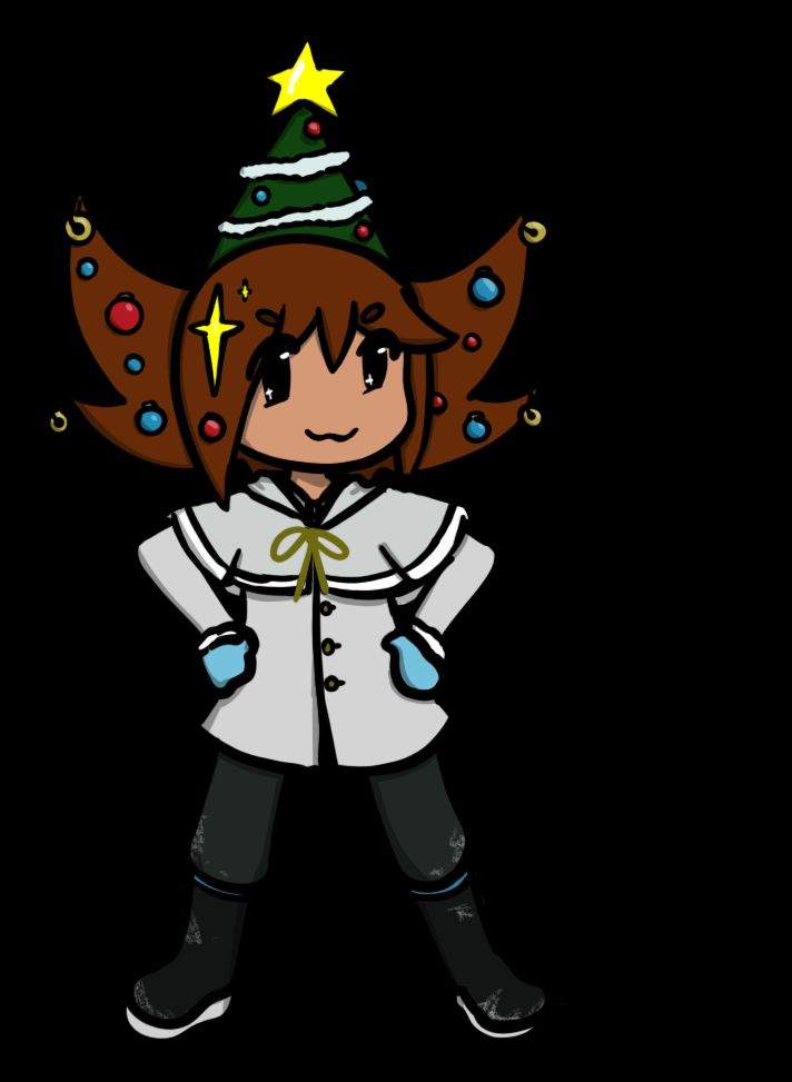 Fia with a winter attire, of light grey coat jacker, blue gloves and gray pants and boots. A party hat is decorated like a mini christmas tree and stars and ornaments adorn the hair. Version 1