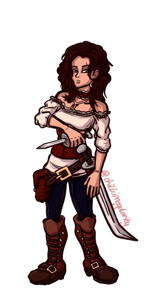 At the time i had the handle name @/chill.irregularity on my Artfol (u can find the same image under my new handle @/o0AJ0o now ^^) when i was figuring out what to have as my username

Here i realized i drew in a similar style as Sly Cooper i was like "yo lesgo??"

But yea, this was her original first mate outfit where she had a choker, corset, off the shoulder long shirt, and boots