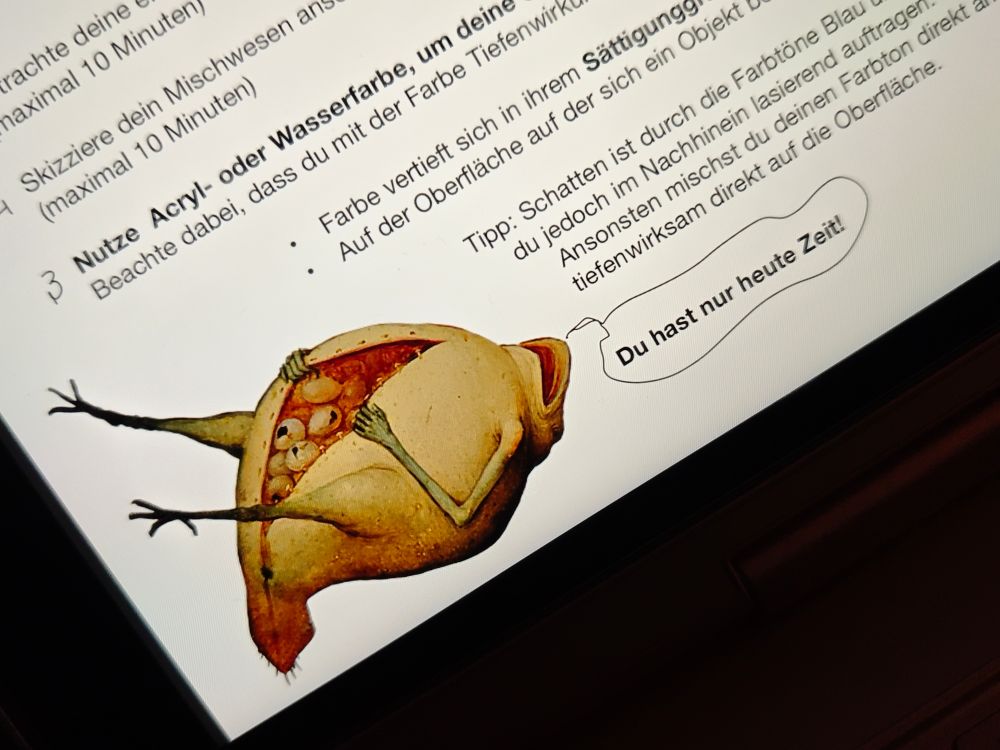 Foto einer Malerei eines fetten Froschs der seinen Bauch aufhält, auf sem Rücken liegend, auf einer Folie zu einer gestaltungspraktischen Übung. Er sagt: "Du hast nur heute Zeit!"