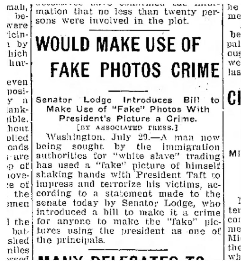 Screenshot of a 1912 news articles with the headline "would make use of fake photos crime", from https://newsletter.pessimistsarchive.org/p/the-1912-war-on-fake-photos