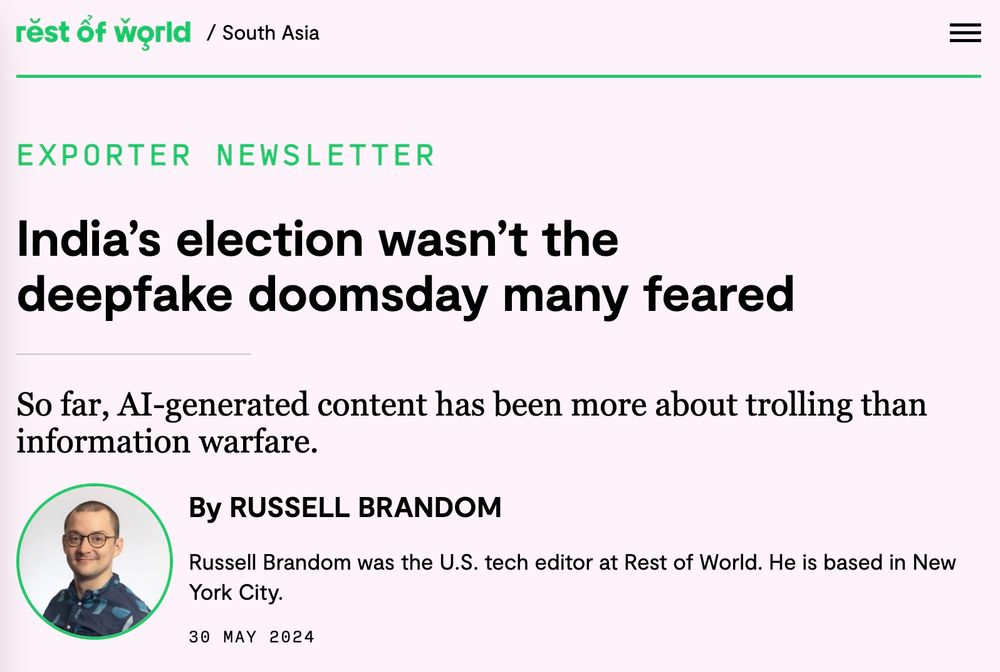 Screenshot from Rest Of World article about the impact of AI in the 2024 Indian elections: https://restofworld.org/2024/exporter-india-deepfake-trolls/