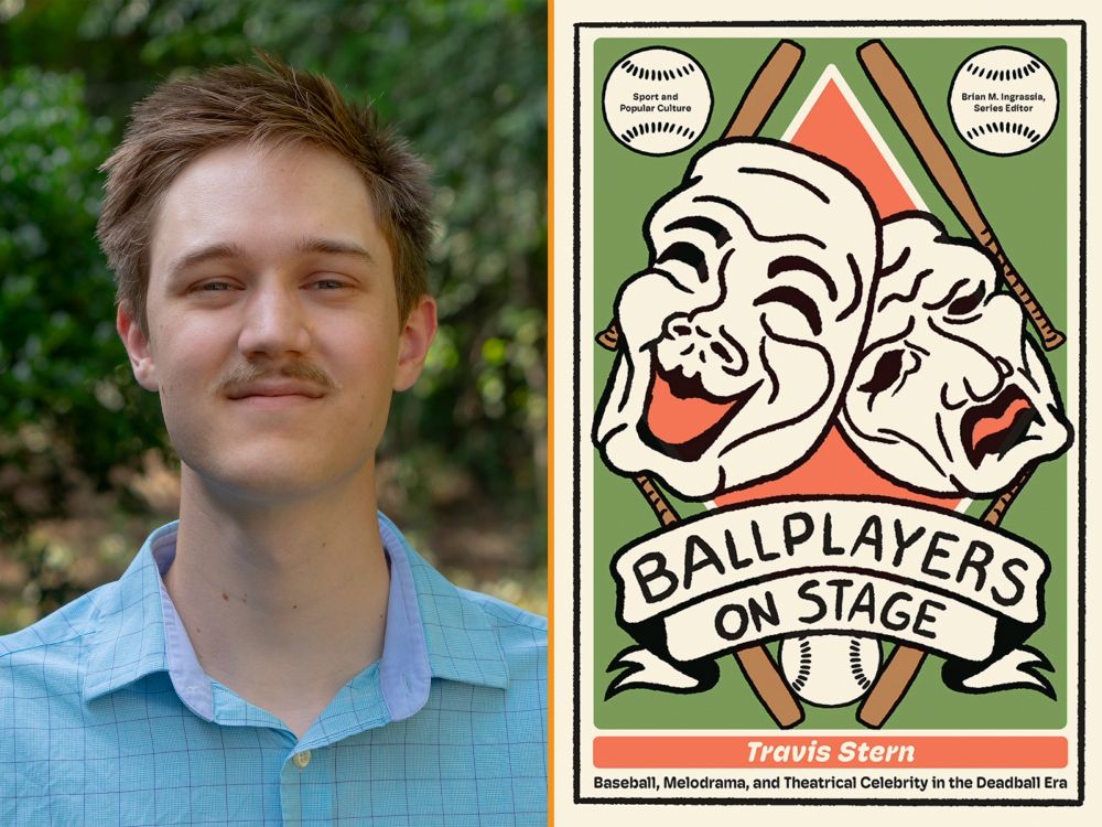 Man in blue shirt next to book cover depicting dramatic masks and baseball paraphrenalia