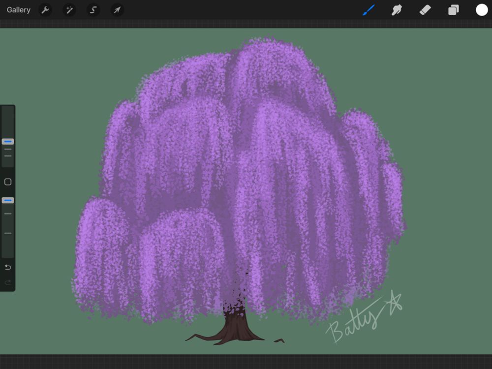 Digital painting of a purple willow tree