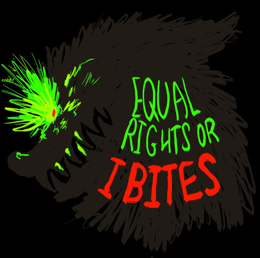 A sticker design of Black Shuck baring its teeth. Over his mane is the phrase 'Equal rights or I bites'.