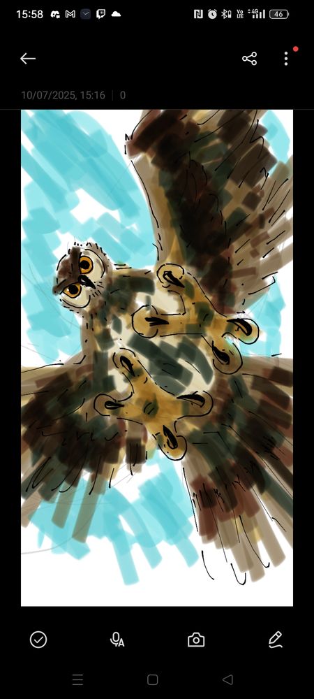 A drawing made in the notes app of a Eurasian eagle owl. Its talons are out, seemingly trying to swoop down and grab the viewer.