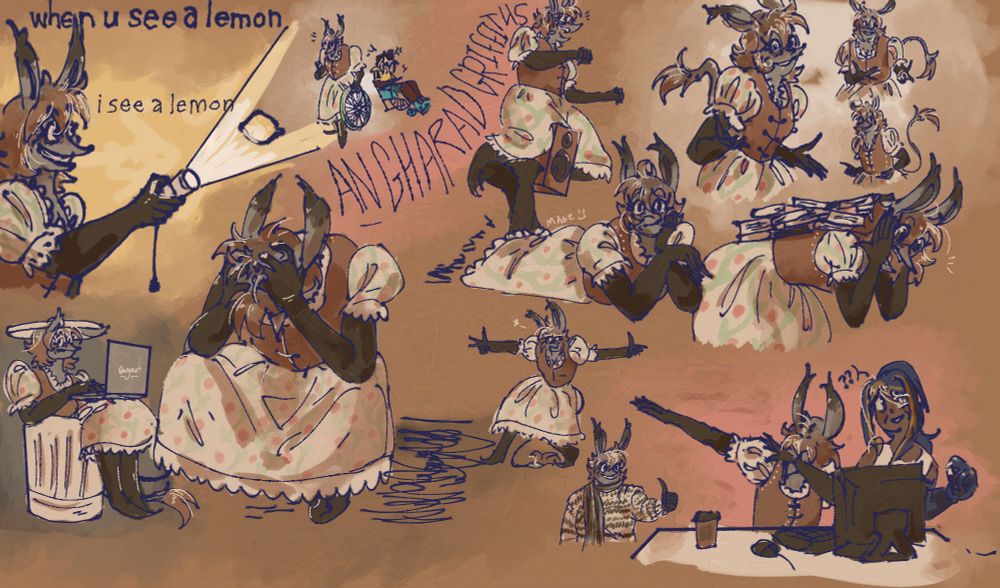 A compilation drawing of a middle-aged woman based on a pwca (or Puck) pulling various comical stock poses. She is, from left to right and top to bottom:
Holding a flashlight to a lemon (captioned 'when u see a lemon);
Skittering away cheekily with Marine's wheelchair wheel (based on the meme of king Charles III doing the same);
riding on top of a loudspeaker like it's a motorcycle, complete with safety glasses;
Troy Bolton meme posing;
Sitting in a bin with a laptop and a look of consternation;
Having a breakdown, cradling her head in her hands;
Pulling a swag pose with her arms out and legs in a funky position like those 2000s scene artists used to do;
pulling a thumbs up in a very nice jumper and scarf;
and finally, dabbing in front of a computer as Dolores, her wife, looks confused.