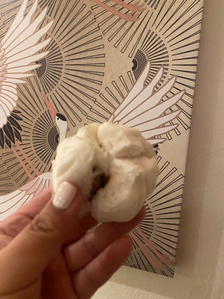 brown hand holding steamed bbq pork bun in front of art of cranes