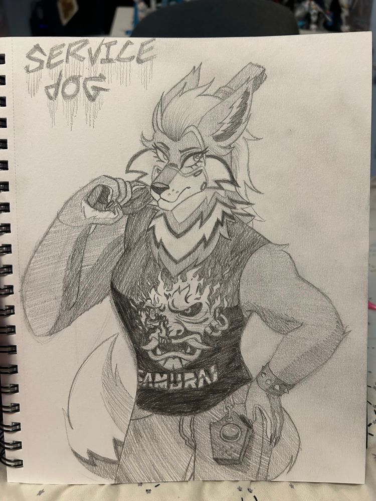 A wolf woman with a muscular build holding a shotgun over her shoulder, she’s wearing a “SAMURAI” tank top to accentuate her upper arm muscles. The piece is titled “service dog”