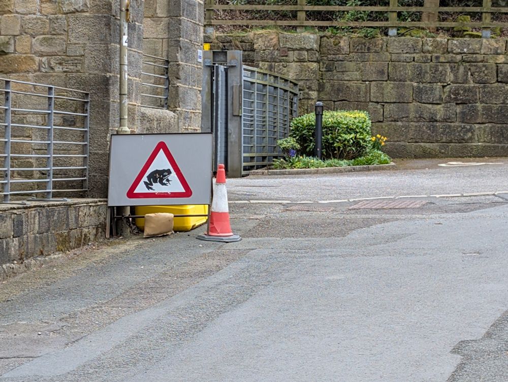 A sign on the road curving uphill to Lumbutts. The road sign is an image of a toad in a red warning triangle. There is a cone next to the sign. 