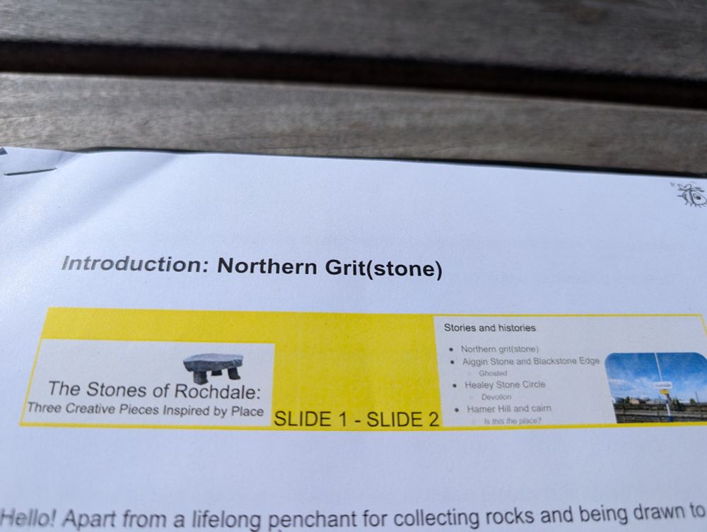 Detail from a slide. Text equals "Introduction: Northern grit(stone)" image of slide note order for author to show. Small detail from the talk "Hello! Apart from a lifelong penchant for collecting rocks and being drawn to stone..."