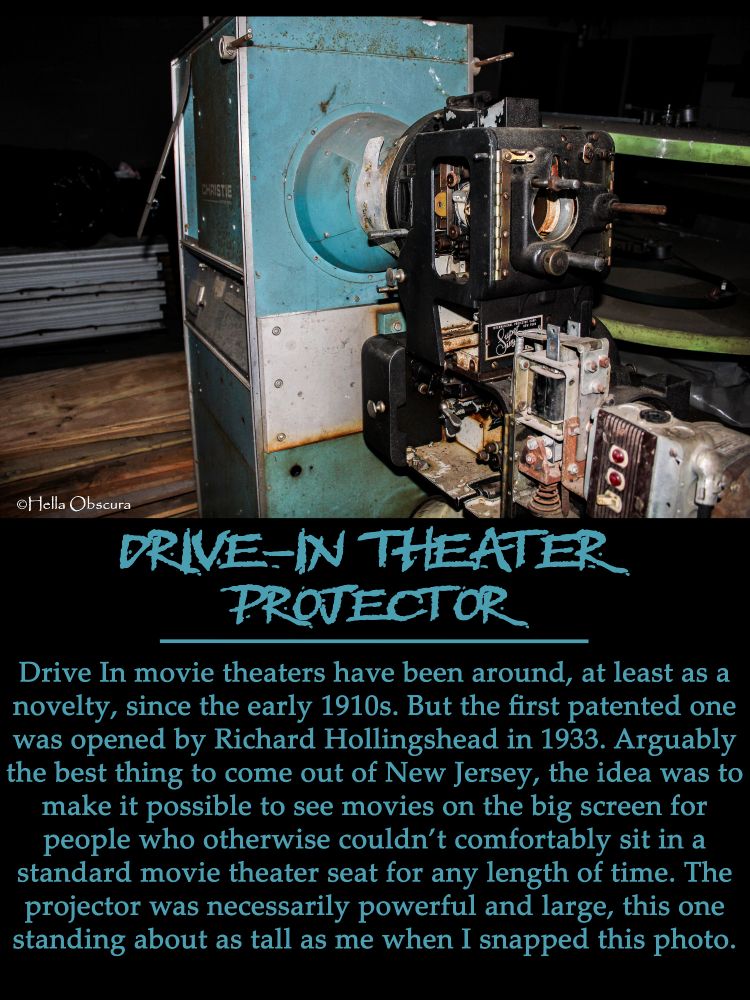 photograph of an old drive-in movie theater projector. It was found forgotten in storage at a derelict drive-in. It's an aqua colored Christie machine attached to an International Projector Corp Super Simplex projector, circa 1950s but I don't have the exact model/dates right now. It's in rundown condition, unlikely to be functional in its current state. 