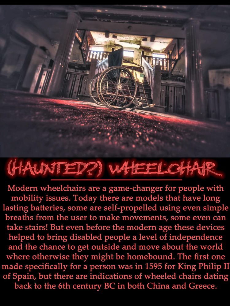 an infomatic type of image. The top is an eerie, spooky, even scary image of an empty wheelchair on a floor strewn with debris and glass in front of a double staircase in an old mental asylum. The image was taken with red lighting, so there's a distinct red or pink feel to it. The bottom half of the image gives a brief history of wheelchairs. 