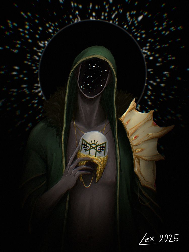 Lead singer of Sleep Token, Vessel, holding his mask. His face is a void of stars. Behind him, a halo of stars.