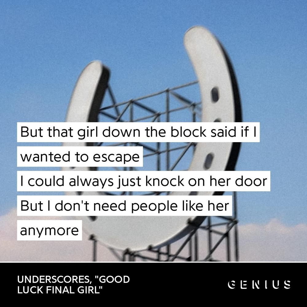 A lyric card for "Good luck final girl", by Underscores.

But that girl down the block said if I wanted to escape
I could always just knock on her door
But I don't need people like her anymore