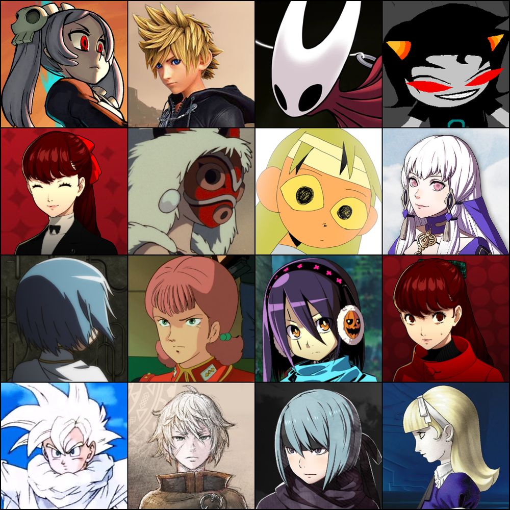 A 4x4 grid of 16 characters.
Marie (Skullgirls), Roxas (Kingdom Hearts), Hornet (Hollow Knight), Terezi (Homestuck)
Yoshizawa (Persona 5), San (Princess Mononoke), Darcy (Twins in Paradise), Lysithea (Fire Emblem: Three Houses)
Sayaka (Puella Magi Madoka Magica), Sarah Zabiarov (Mobile Suit Zeta Gundam), Olympia (Etrian Odyssey III), Yoshizawa (Persona 5)
Teen Gohan (Dragon Ball Z), Anna (Triangle Strategy), Beruka (Fire Emblem Fates), Alice (Shin Megami Tensei)