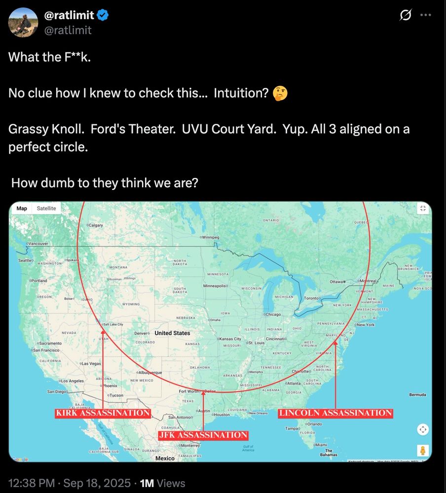 
@ratlimit
@ratlimit
What the F**k.

No clue how I knew to check this...  Intuition? 🤔

Grassy Knoll.  Ford's Theater.  UVU Court Yard.  Yup. All 3 aligned on a perfect circle.

 How dumb to they think we are?