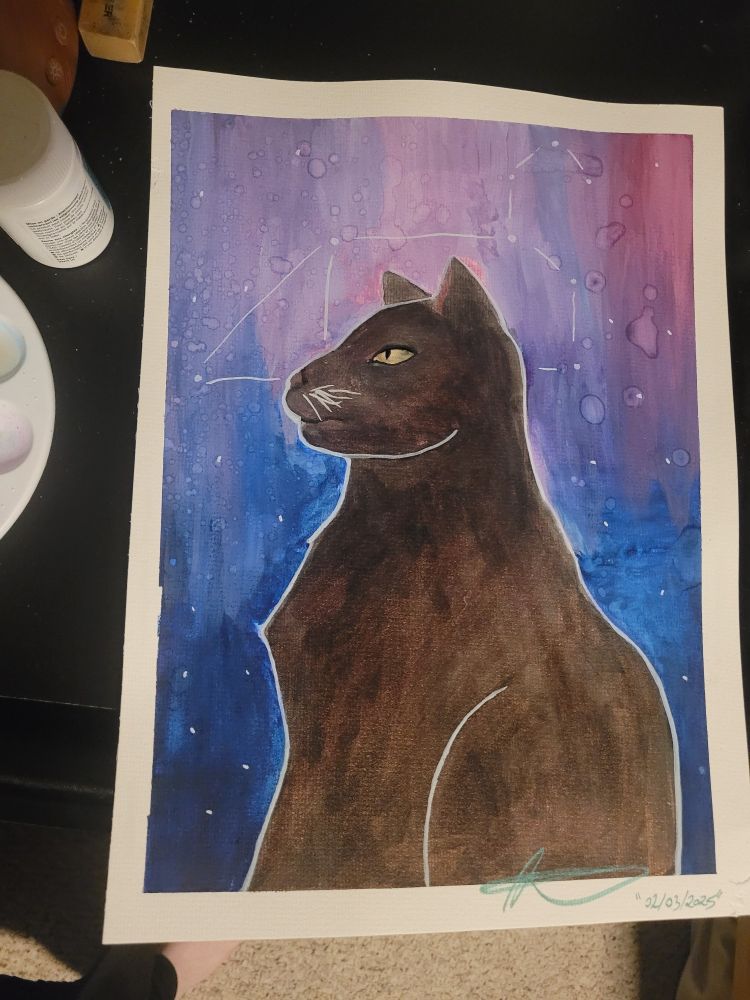 A water colour drawing of a black cat, outlined in white, with a background of a night sky with the constellation Leo