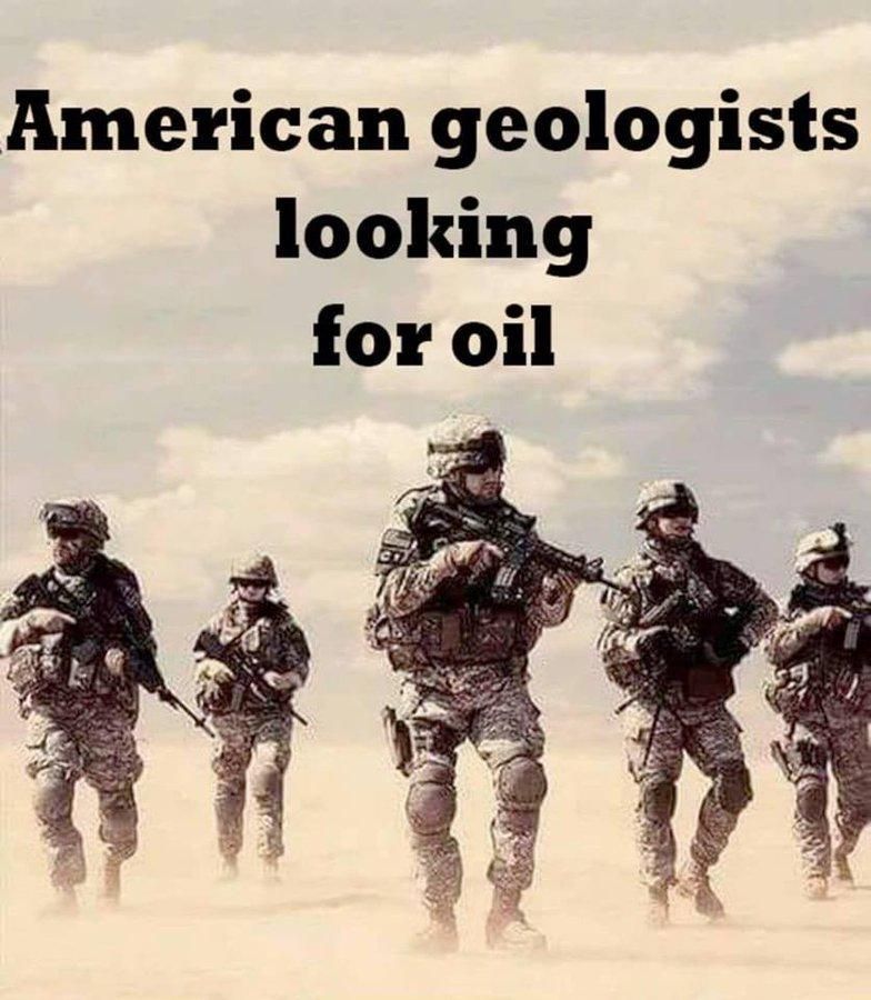 Colour image of five US soldiers, brandishing automatic weapons, in a desert environment. Above the soldiers is the text "American geologists looking for oil"