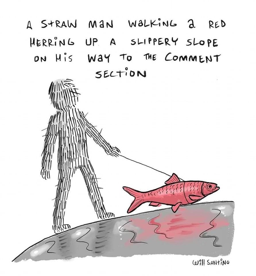 A straw man walking a red herring up a slippery slope on his way to the comment section (this is what the drawing shows)