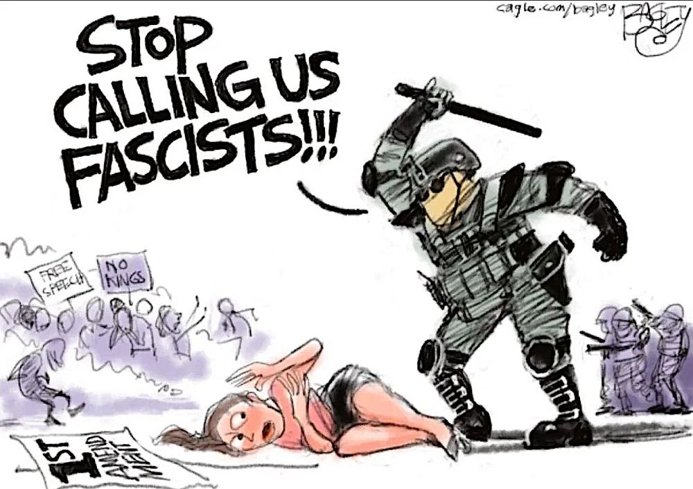 Riot-dressed masked male police (?) officer threatening to club a woman lying on the ground. He is shouting "Stop calling us fascists!!!" She is unarmed and wearing light summer clothes.