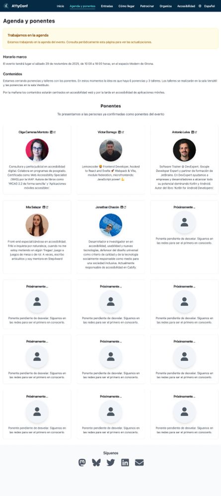 Captura de pantalla de los ponentes y agenda de la A11yConf: https://a11yconf.com/es/agenda