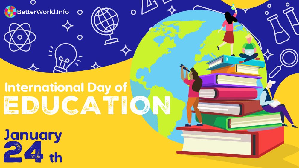 Yellow and blue graphic for International Day of Education on January 24th. A stack of books with young people climbing on them sits in front of the planet Earth. In the background are symbols representing knowledge in white on blue.