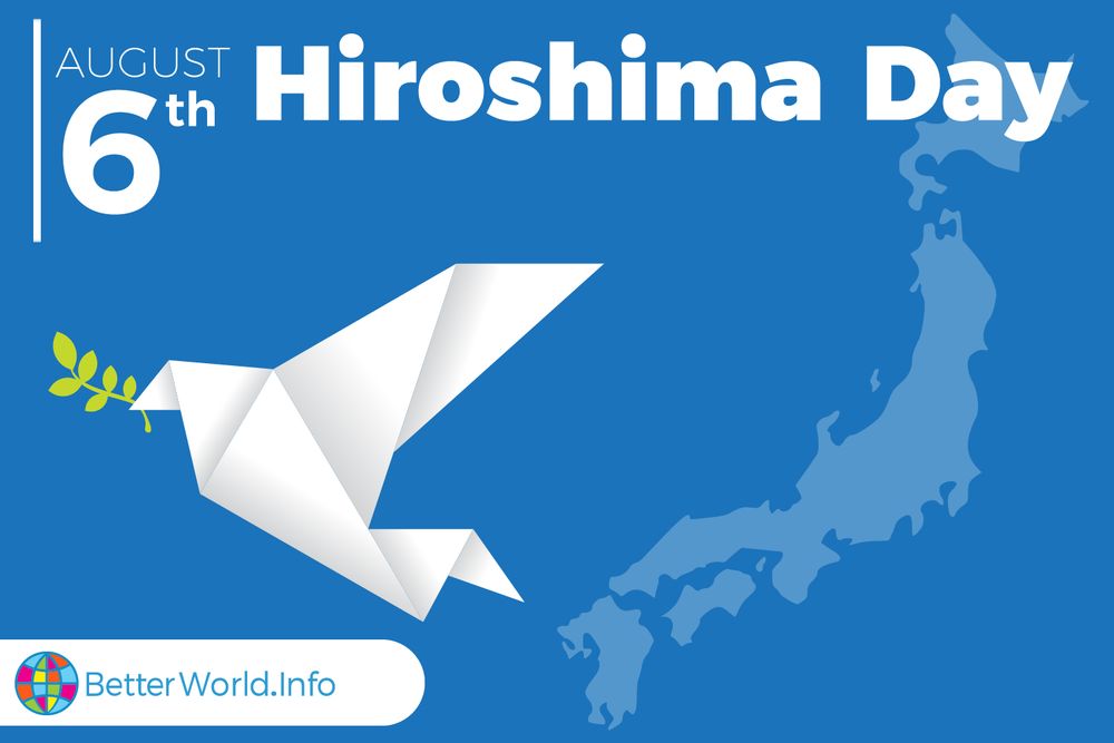 Poster for Hiroshima Day - A white paper crane, symbolizing peace, carrying a green olive branch in its beak, flies over the outline of Japan. In front of a blue background, the words 'Hiroshima Day August 6th' are written in white.