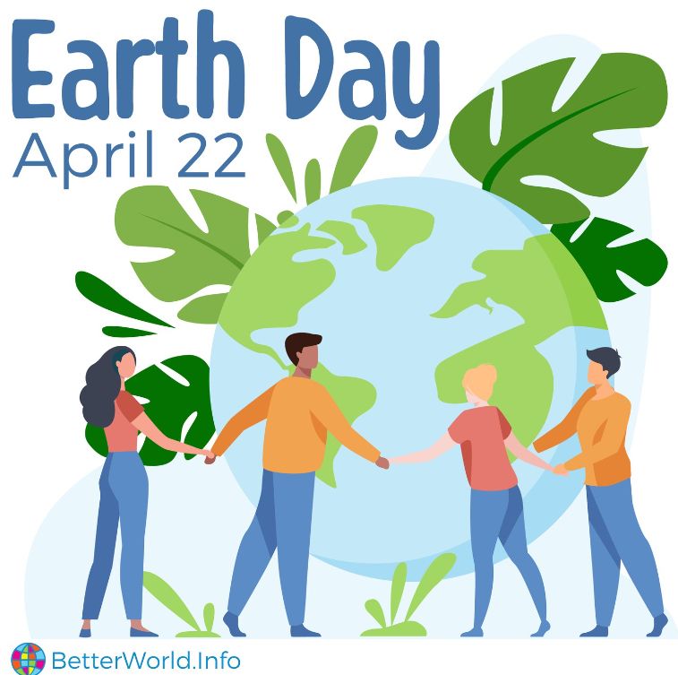 Graphic for Earth Day - Four different people surround a globe holding hands. Large green leaves surround the Earth. The words Earth Day April 22 are written in blue on the upper left. CC BY-SA 4.0