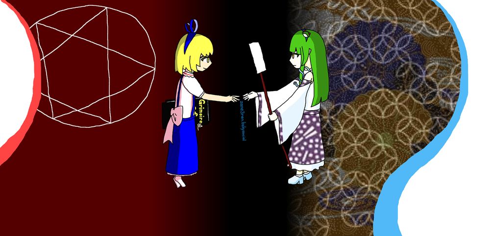 Sanae's 3rd SpellCard as TH10Stage5boss is based on Alice's 2nd spell as TH5EXtraboss.
早苗的第3张符卡在TH10第5关底基于Alice的第2身在TH5额外关底。