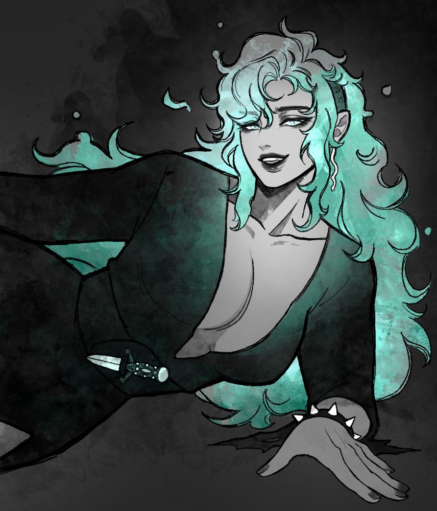 A ghostly woman with liquid like teal hair lounge before the viewer. Her outfit is a send up to Elvira's classic get up, 