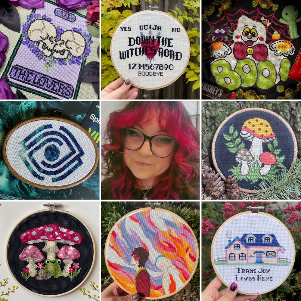 eight images of colorful cross stitch pieces surround a selfie of their creator. the artist is a white femme with pink and brown curly hair and glasses. some art pieces share themes like mushrooms, witchy inspired pieces like ghosts and skulls, and the artist’s favorite media: the shows Avatar the Last Airbender and Agatha All Along and the band Spiritbox 