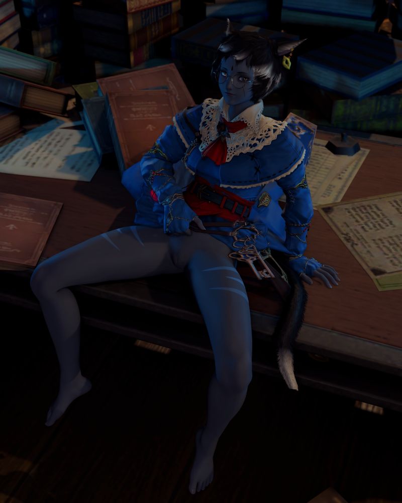 A miqo'te woman sitting on a desk covered in books and papers. She is wearing notrhing below the waist, and pulling up her top to reveal her pussy as she looks up at the camera with a smile.