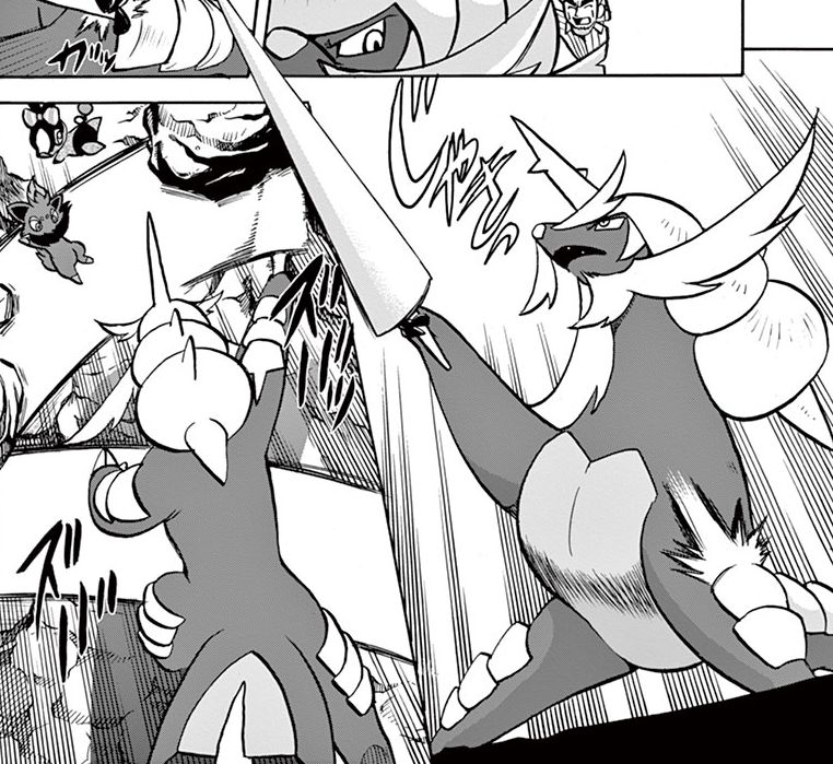 A set of manga panels showing Samurott using its swords to slash some rocks. A Zorua and Tepig dodge the attack.