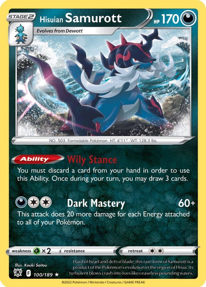 A Pokémon trading card featuring a Hisuian Samurott. It stands by the sea and brandishes its sword. Samurott's ability reads, "Wily Stance / You must disard a card from your hand in order to use this Ability. Once during your turn, you may draw 3 cards.". Its move reads, "Dark Mastery / This attack does 20 more damage for each Energy attached to all of your Pokémon.". The blurb on the card reads, "Hard of heart and deft of blade, this rare form of Samurott is a product of the Pokémon's evolution in the region of Hisui. Its turbulent blows crash into foes like ceaseless pounding waves.". The card was illustrated by Kouki Saitou.