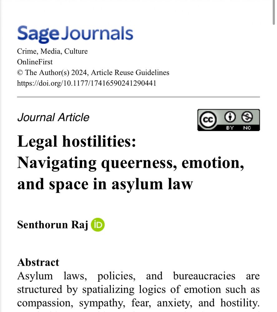 Cover page of journal article titled “Legal hostilities: Navigating queerness, emotion, and space in asylum law.” 