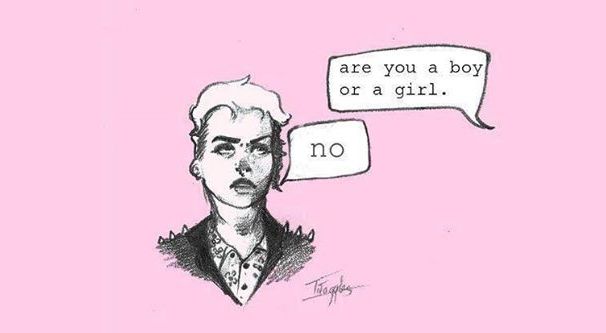 Image of a person next to text. 

Text reads:

“Are you a boy or a girl.”

“No.”