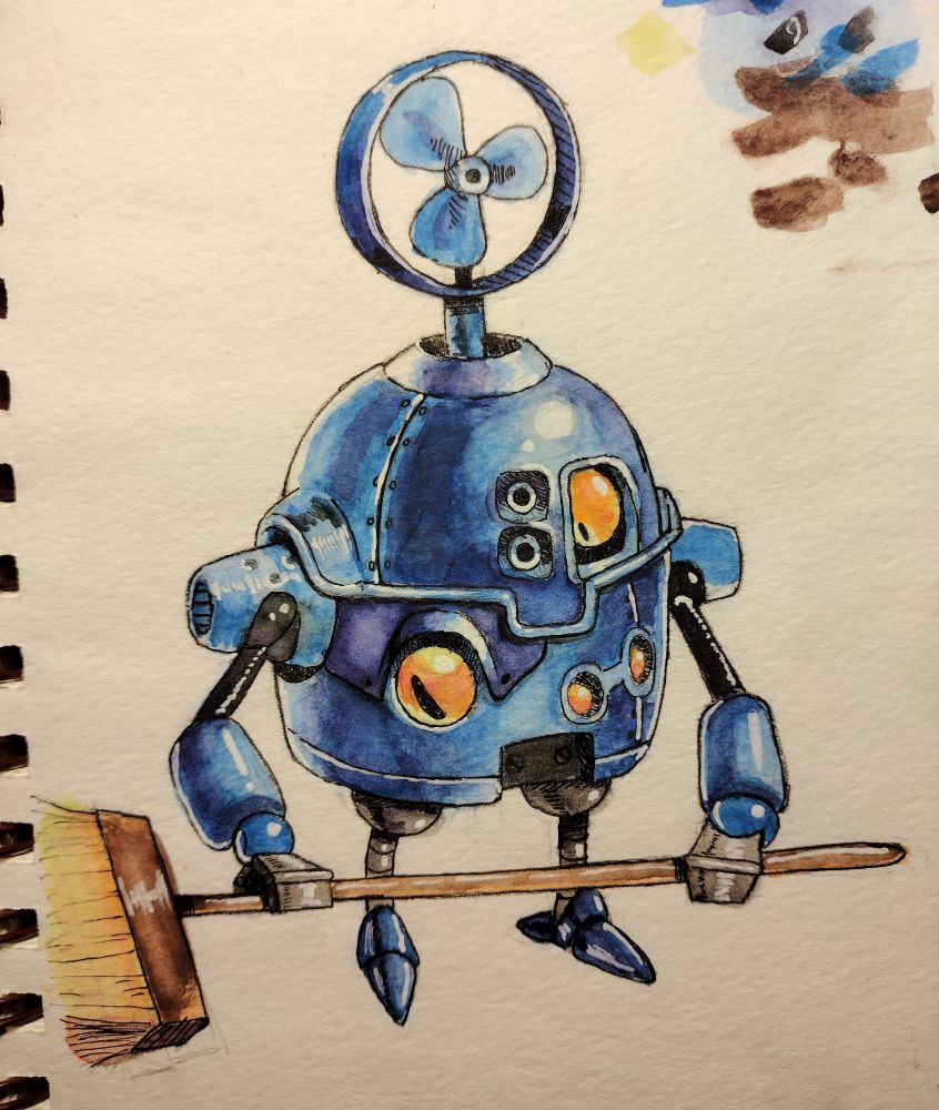 A bipedal dome shaped deep blue android with orange eyes. One eye is on the left side of its face, the other is on its chest. It has a circular desk fan poking out of a slot on its head. It's holding a push broom horizontally with both hands.