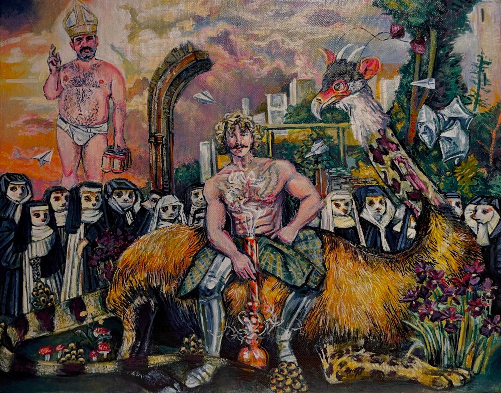 Acrylic painting on canvas of genderqueer stx Georgx smoking a bong sitting on a dragon