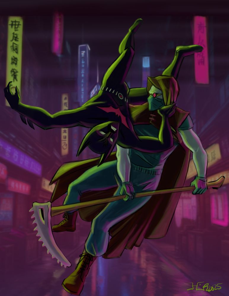 In a cyberpunk city, Batman Beyond falling with his hand around the throat of a serial killer holding a scythe made from a crocodile's jaw.