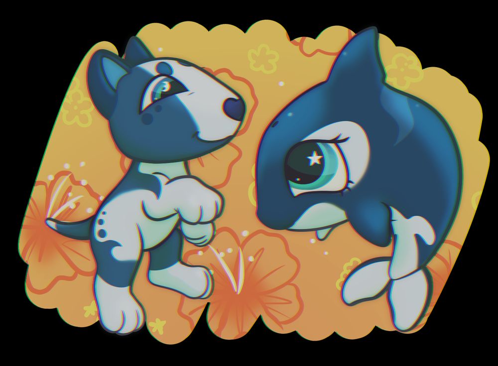 a blue and white bull terrier oc belonging to whisper1288 on artfight with an orca drawn like a littlest pet shop or lps