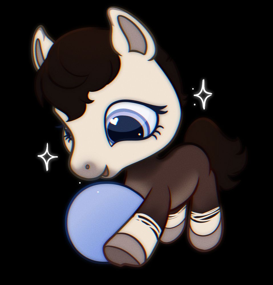 horse filly with okapi markings and curled ears playing with a big blue ball belonging to puppychomp on artfight drawn like a littlest pet shop or lps