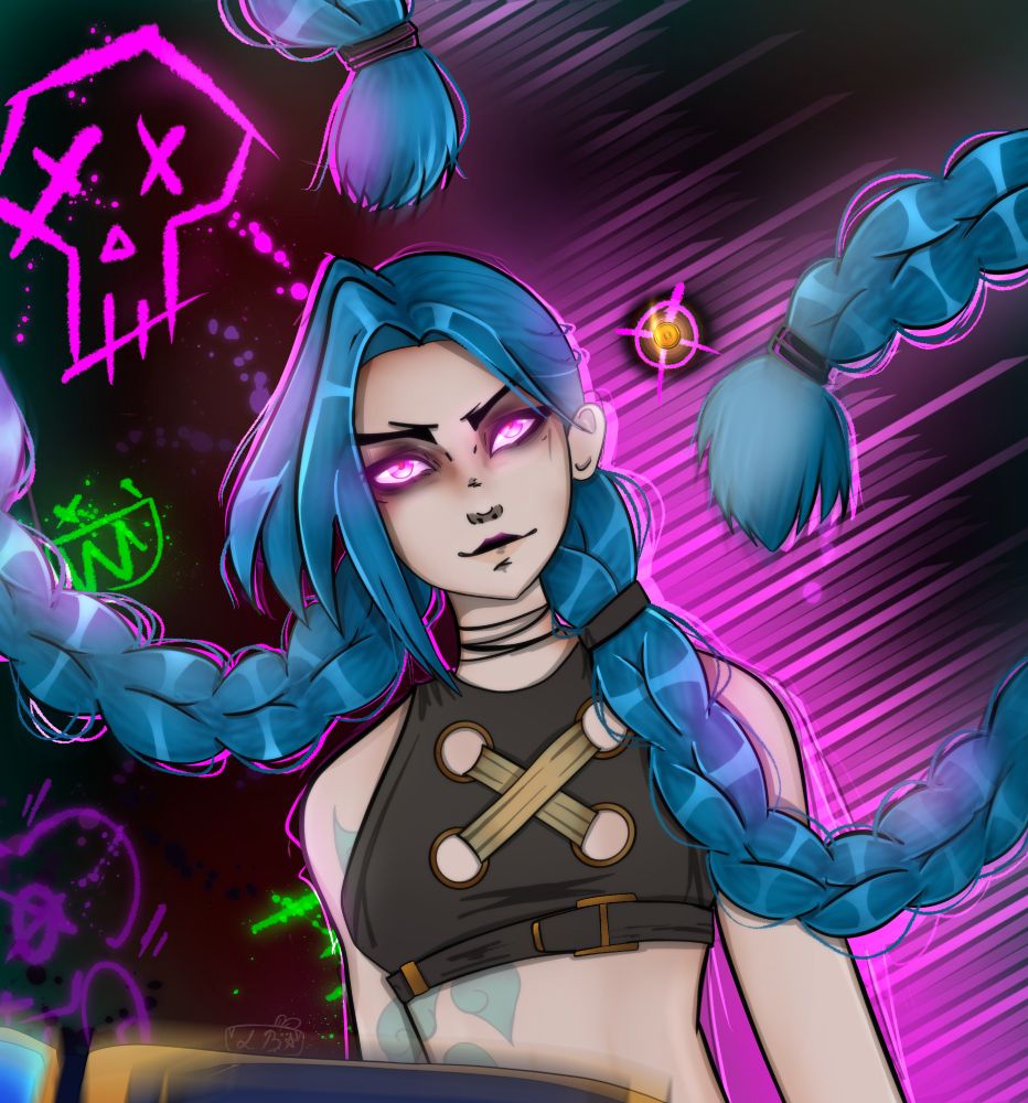An illustration of Jinx, a light blue haired girl with braids, dodging a bullet (Caitlyn's bullet) and a hextech glove (Vi's glove), while her electric pink dash is showcased on the right, and some of her graffiti on the left as her braids fly