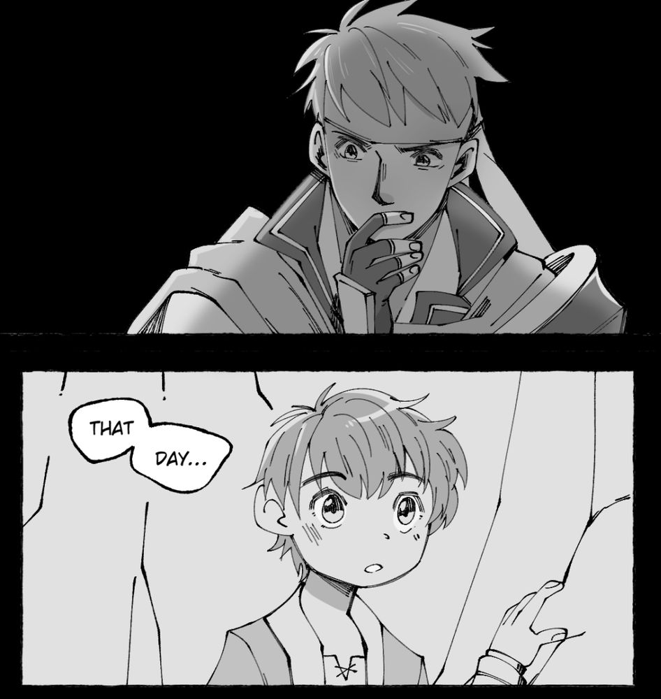 an eight panel comic of Ike thinking about the implications of the day he met Soren (and his father went mad) #tellius #ikesoren 

1) An empty panel of an older Ike thinking.
2) A panel of young Ike near the trees looking out, 

"That day..." 