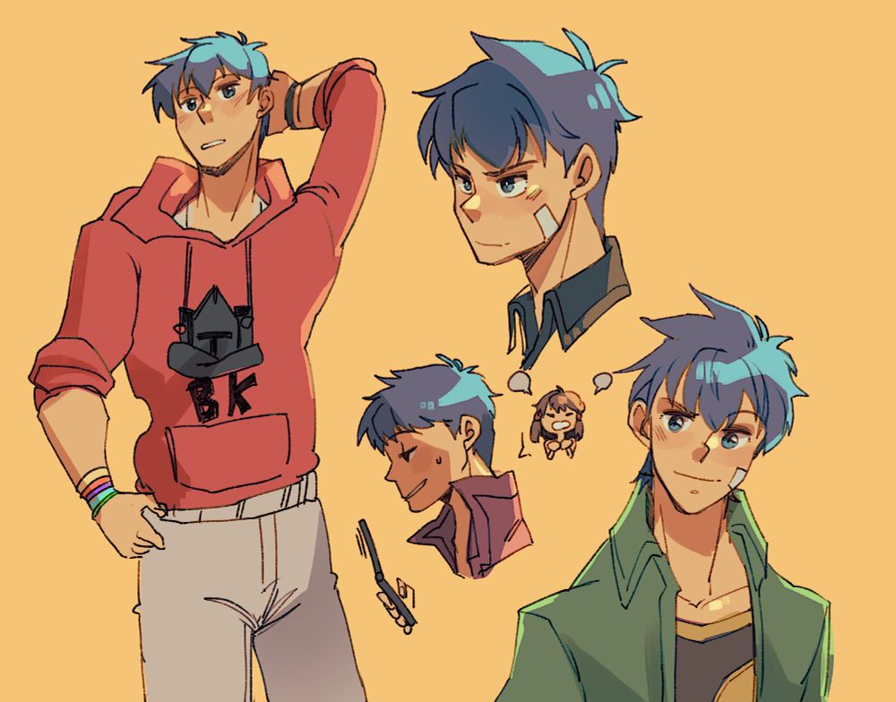 Ike Fire Emblem, he's here. He's wearing a cool BK hoodie. He's texting his sister. She's mad at him. These are practice doodles in color bc I don't know how to draw him well 