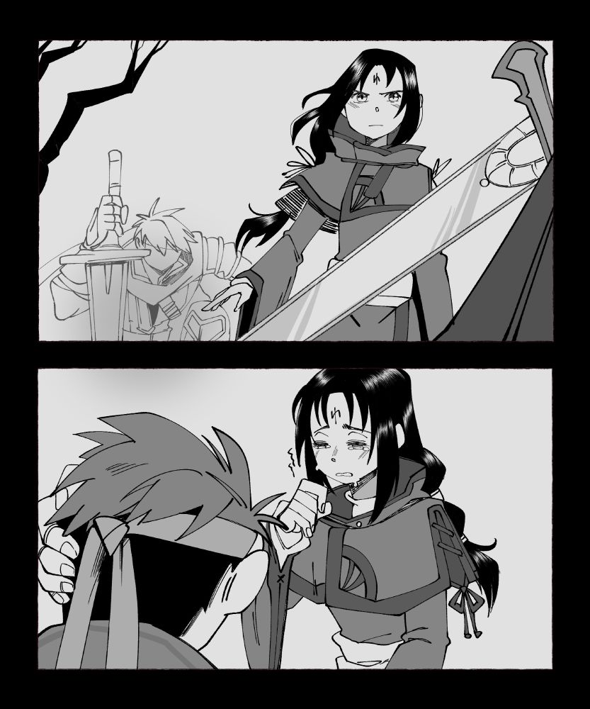 redraw of a scene from the Fire Emblem Radiant Dawn Drama CD where Soren throws himself in front of Ike against the Black Knight and being a big crying boy once Ike's safe. #tellius 