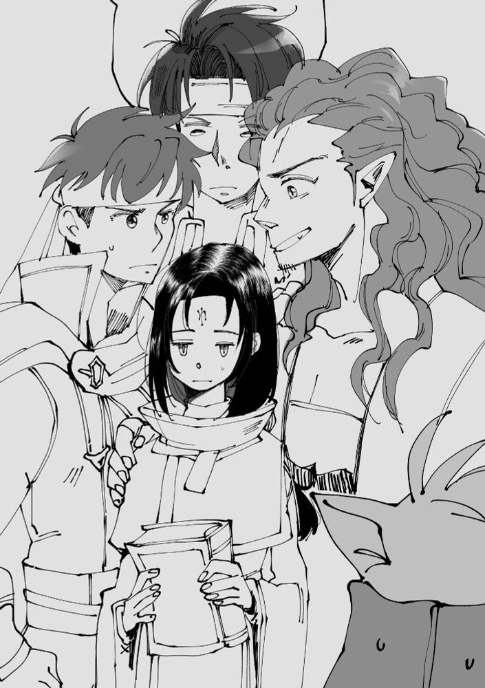 Ike, Skrimir, Tibarn, Ranulf, and Soren from Fire Emblem: Radiant Dawn. Why is everyone so fucking tall, asks Soren. 