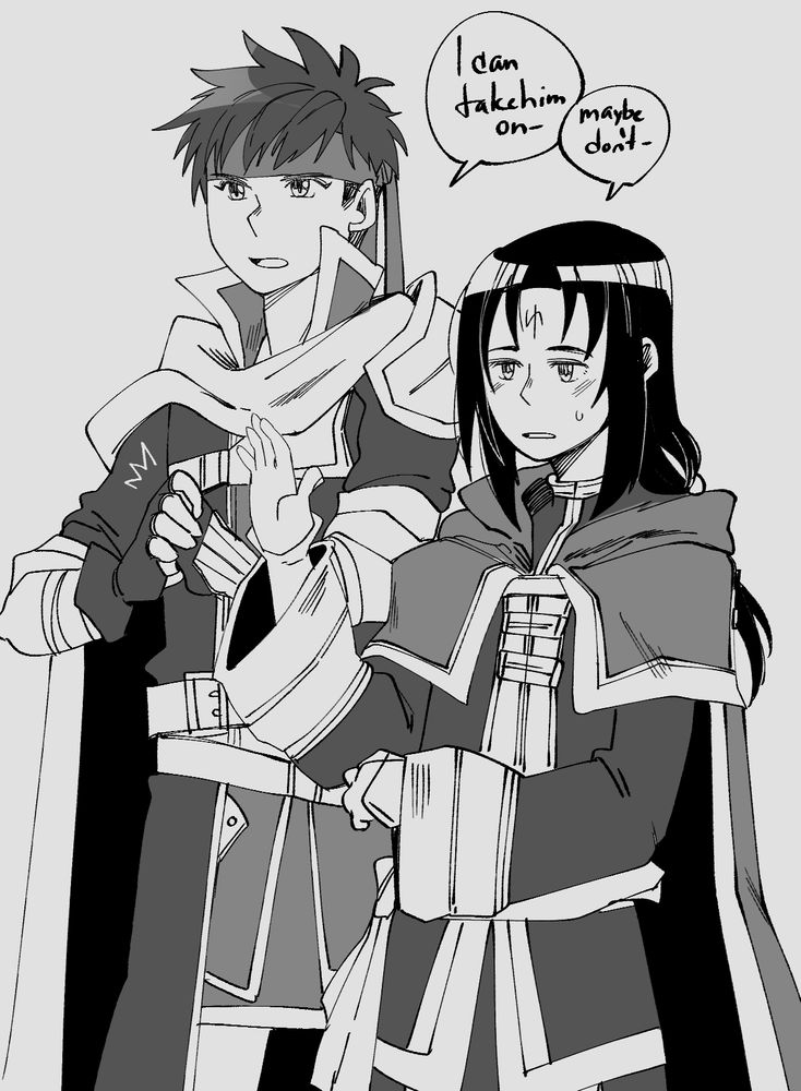 Ike and Soren from Fire Emblem Path of Radiance. (but in Heroes) 
"I can take him on-"
"Maybe don't-" 