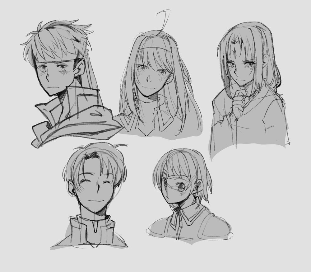 doodles of characters from Fire Emblem: Radiant Dawn / Path of Radiance (Ike, Mia, Marcia, Soren, and Oscar) 