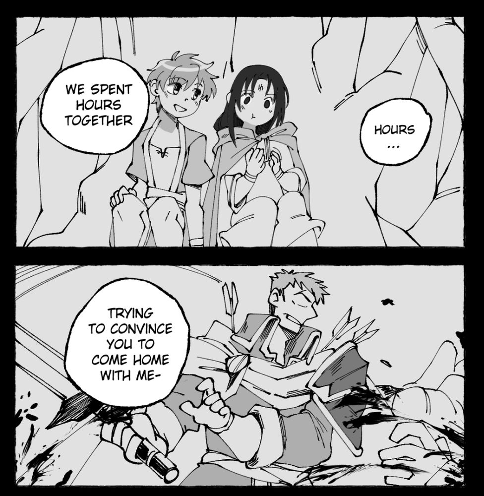 5) A panel of Ike and Soren sitting under the large tree, Soren eating the sandwich Ike gave him.

"We spent hours together." "Hours... "

6) Another panel of Greil murdering everyone.
 Ike continues to say, 

"Trying to convince you to come home with me-" 